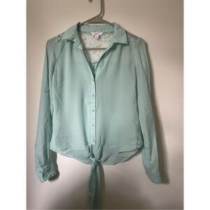 Candie’s XS Sheer Lace Button Up Cropped Knot Tie Sage Green Olive Blouse